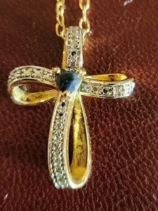 Authentic PAJ BB Gold Plated Diamond Cross Black Onyx Heart Stone Pendant Necklace 18"