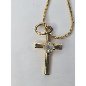 Authentic Gold-Plated Cross Necklace With Crystal Accent On Twisted Chain