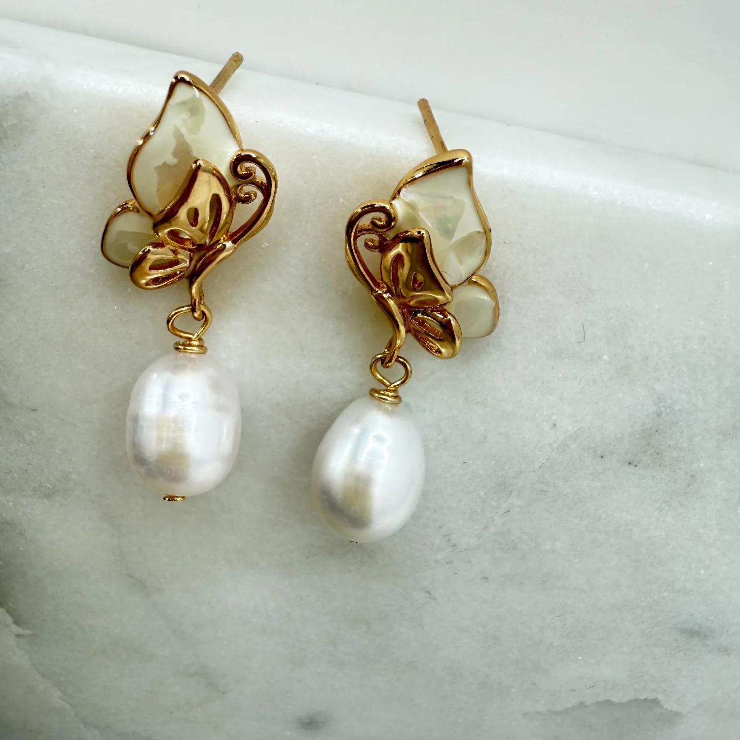 Authentic Natural Freshwater Pearl Earrings 14K Gold Plated Butterfly Handmade Dainty Gift