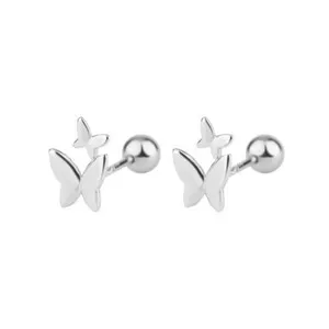 Authentic 925 Silver Gold Plated Double Butterfly Screw Back Stud Earrings Women Girl S6