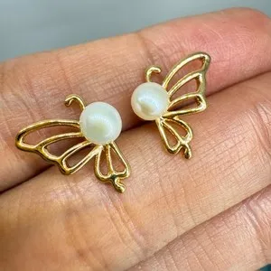 Authentic Natural Freshwater Pearl Earrings 14K Gold Plated Butterfly Women Stud Gift