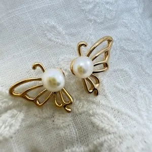 Authentic Celestial Transformation Butterfly Amulet – 14K Gold‑Plated Freshwater Pearl Bridal Studs