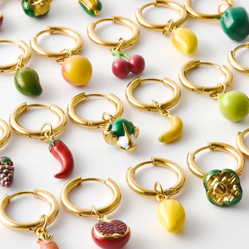 Authentic 1Pair Enamel Fruit Vegetable Hoop Earrings Gold Cherry Banana Grape Chili Corn Dangle Huggie Ear Jewelry