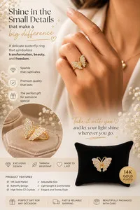Authentic 14K Gold Plated Butterfly Ring for Women Adjustable CZ Crystal Fashion Jewelry G