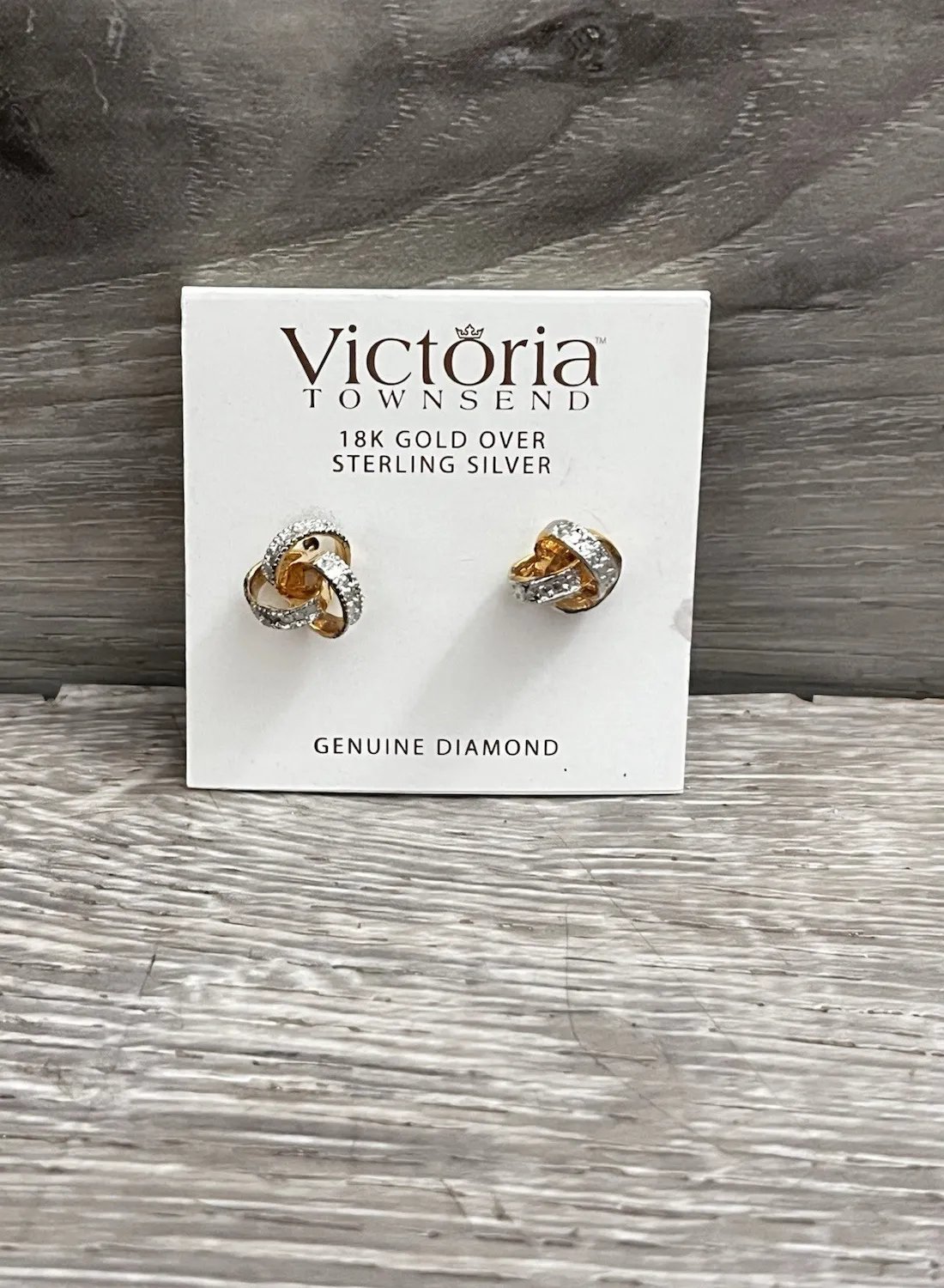 Authentic Victoria Townsend Eternal Knot Gold-Plated Stud Earrings with Diamond Whispers