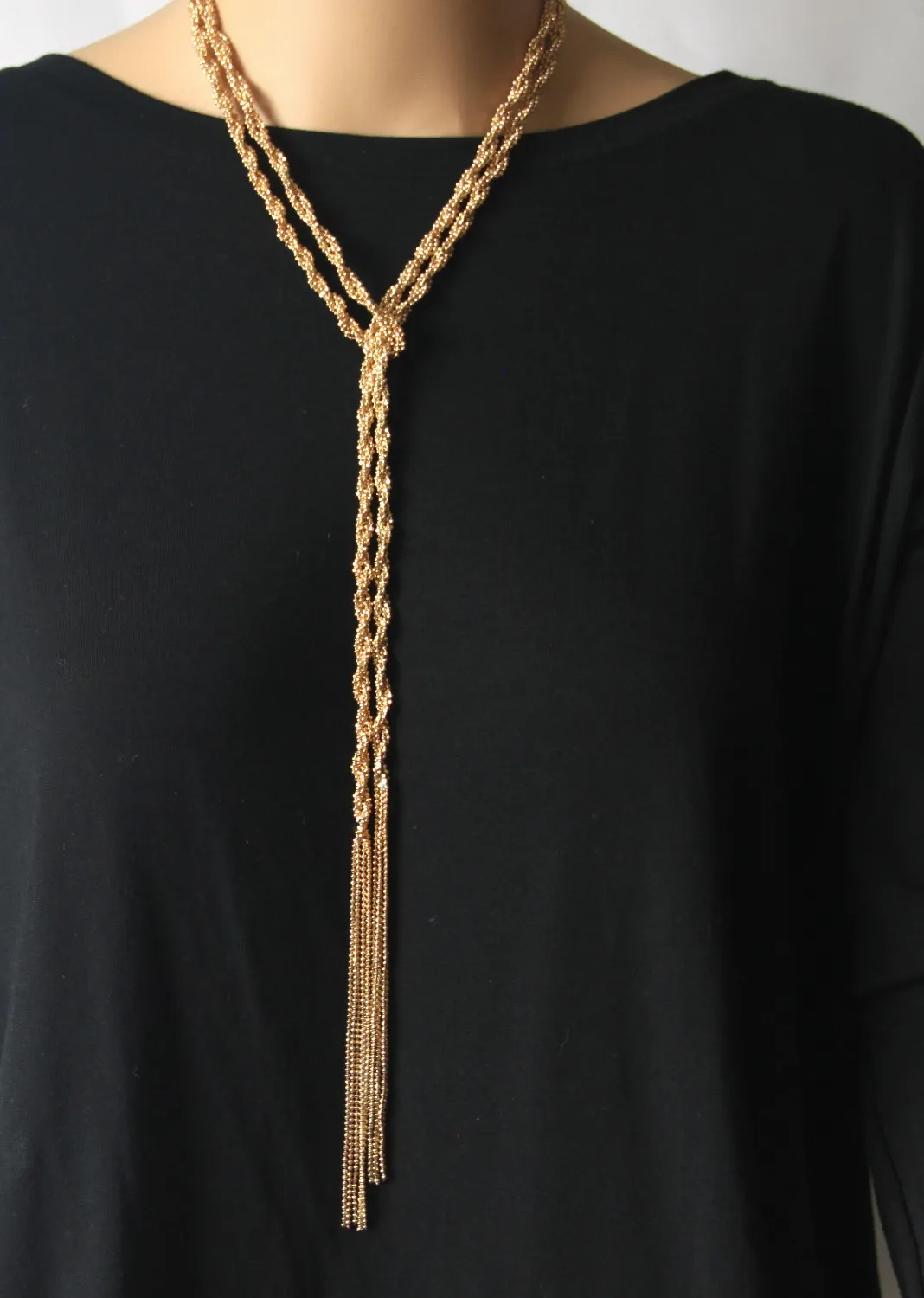 Authentic Jollie Gold Plated Aluminum Long  Knot Tie Chain Fashion Y Twisted Necklace