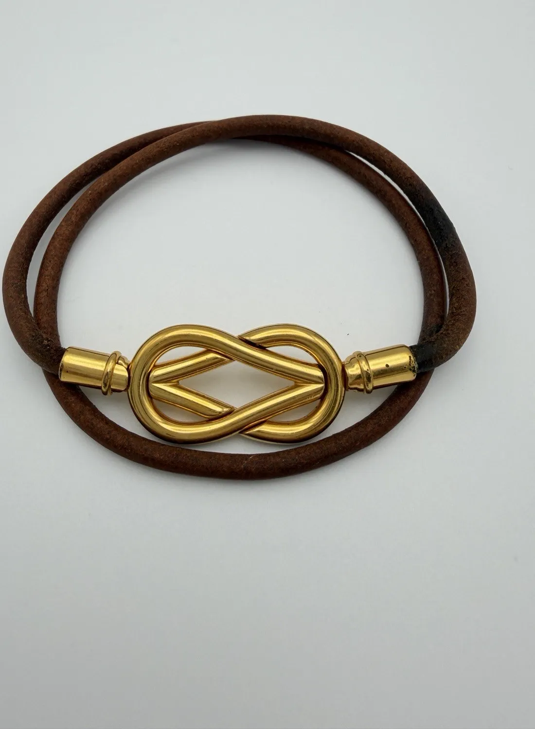 Authentic Authentic Hermes Gold-plated Double Wrap Leather Atame Knot Closure Bracelet