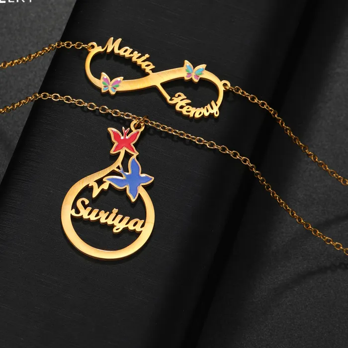 Authentic 365 Customized Name Colorful Butterfly Necklace Personalized Infinity Chain Choker Couple