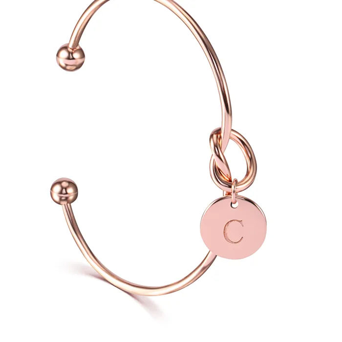 Authentic Duoying Engraved Letters Bracelet Knotted Open Cuff Bangle Initial Charm Bracelets Wire Love Bangles For Women Rose gold