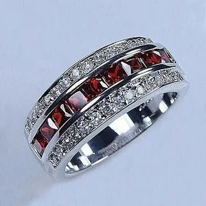 Authentic 2Ct Princess Cut Lab Created Red Garnet Men's Wedding Ring 14k White Gold Plated