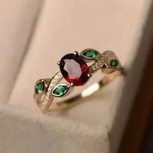 Authentic 2Ct Oval Lab Created Garnet Vintage Leaf Engagement Ring 14K Yellow Gold Plated