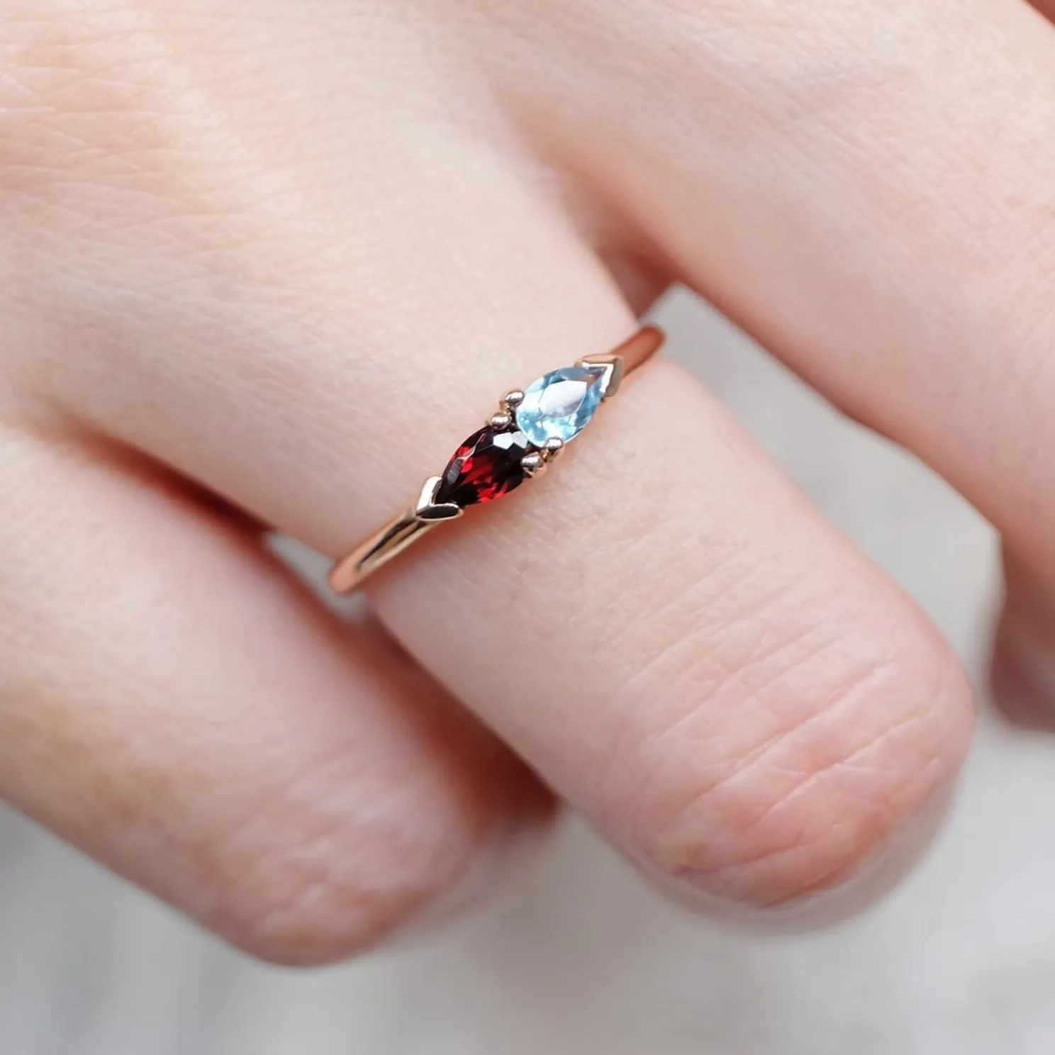 Authentic Natural Garnet & Aquamarine Pear Ring Gold Plated Silver Ring Gifts For Her