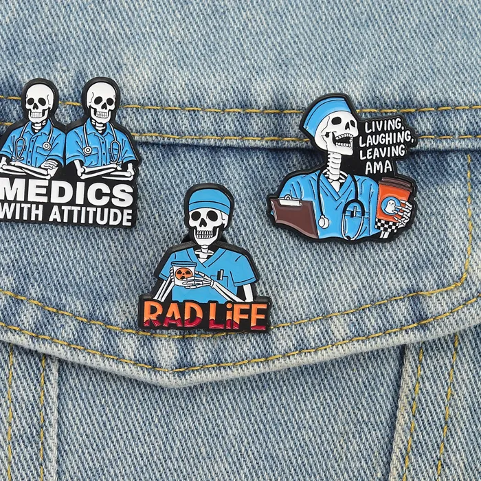 Authentic Skeleton Doctor Enamel Pins Registered Nurse Rad Life Brooches Lapel Badges Punk Medical Jewelry   For Friends