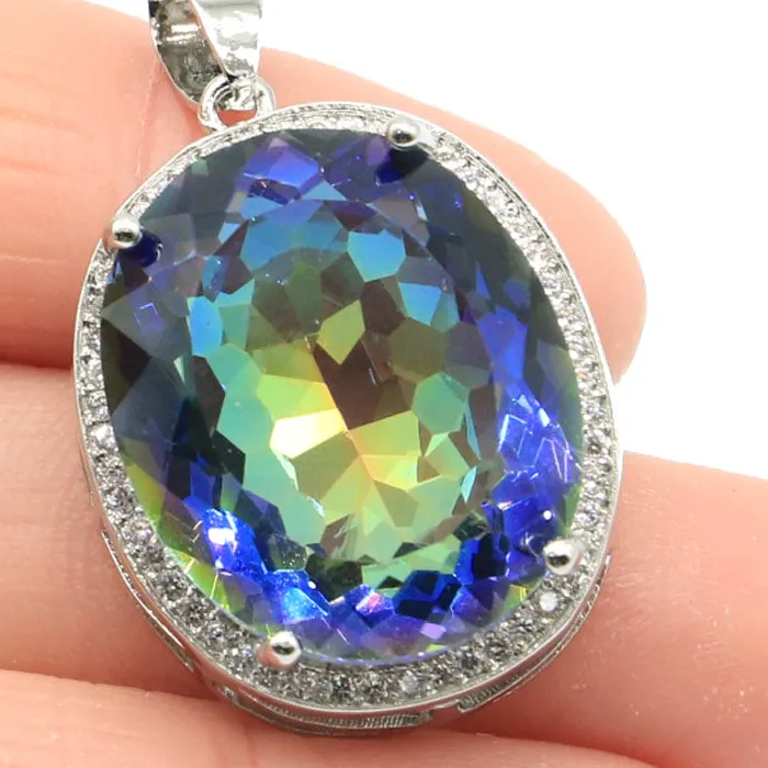 Authentic Buy 5 Get 1 Free 34x21mm Big Gemstone Violet Tanzanite Fire Rainbow Mystic Topaz Rhodolite Garnet CZ Engagement Silver Pendant