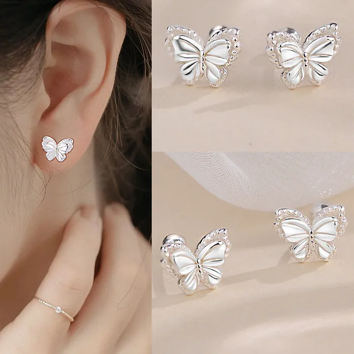 Authentic S999 Fine Silver- Style Fresh Sweet Butterfly Stud Earring Hypoallergenic Screw- Back Conch Earring Jewelry
