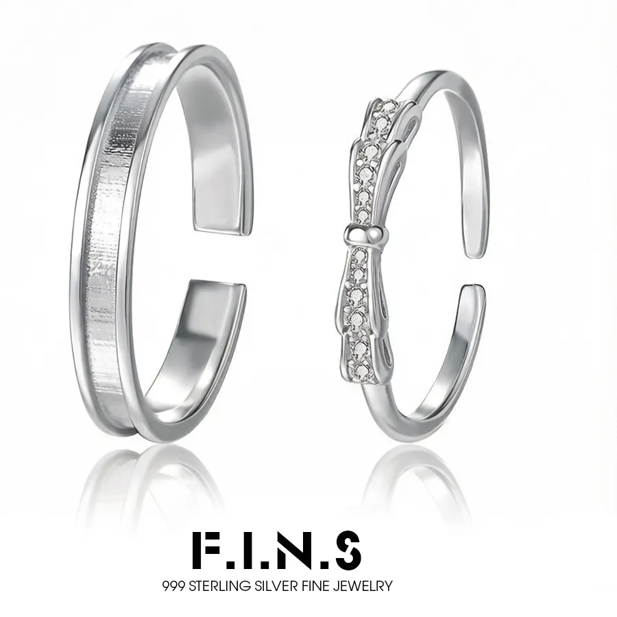 Authentic F.i.n.s S999 Sterling Silver Couple Ring Open Zircon Bow Versatile Lovers Fine Jewelry Accessories