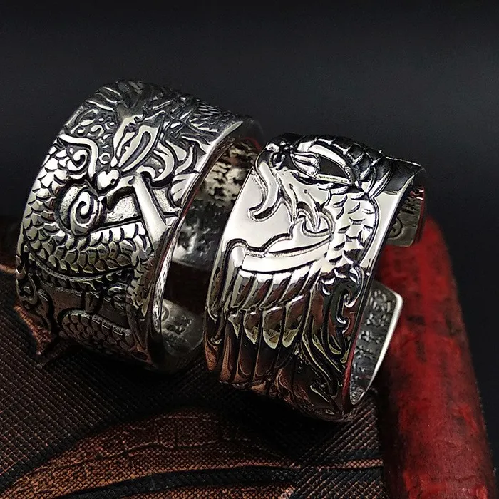 Authentic Celestial Dragon & Phoenix Eternal Bond Ring- Sacred Heart Sutra Open Band In Pure S999 Silver