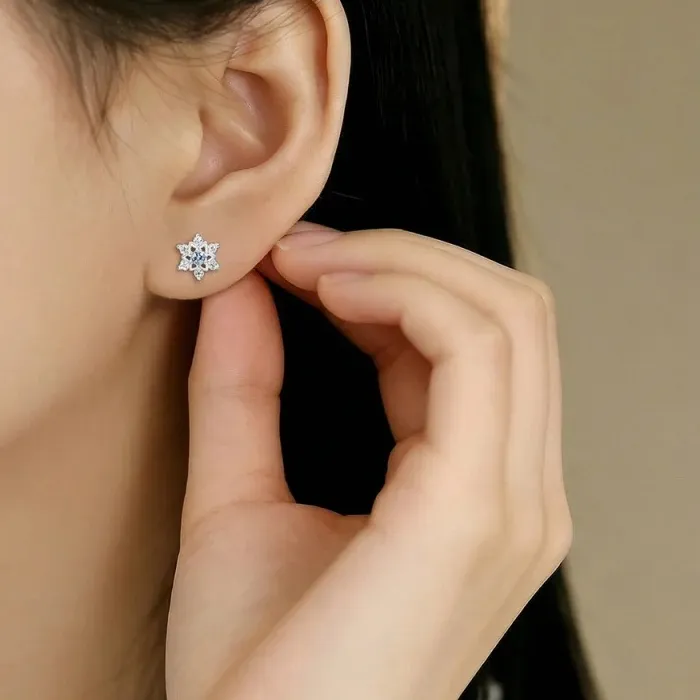 Authentic S999 Silver Hollow Snowflake Earrings Sky Blue Zircon Crystal Earrings Daily Accessories Jewelry