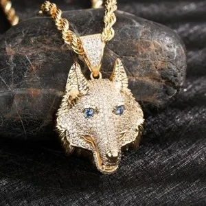 Authentic 3Ct Round Real moissanite Wolf Head Pendant 14K Yellow Gold Plated 18'' Chain