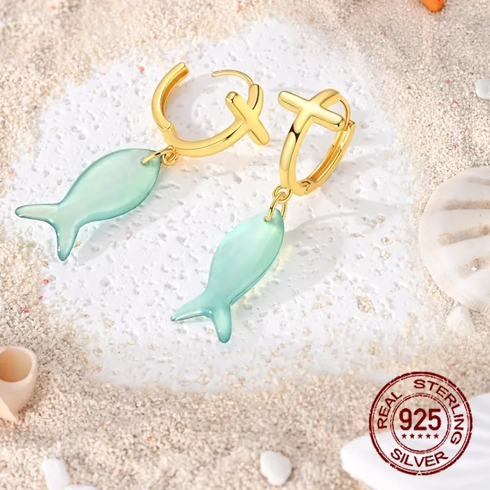 Authentic Cross Fish Hoop Earrings 925 Sterling Silver Mother Of Pearl Ichthys Christian Religious Jewelry Hypoallergenic