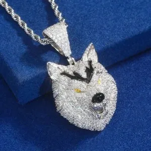 Authentic Men's Round Cut VVS1 Moissanite Wolf Pendent in 14K White Gold Plated Silver