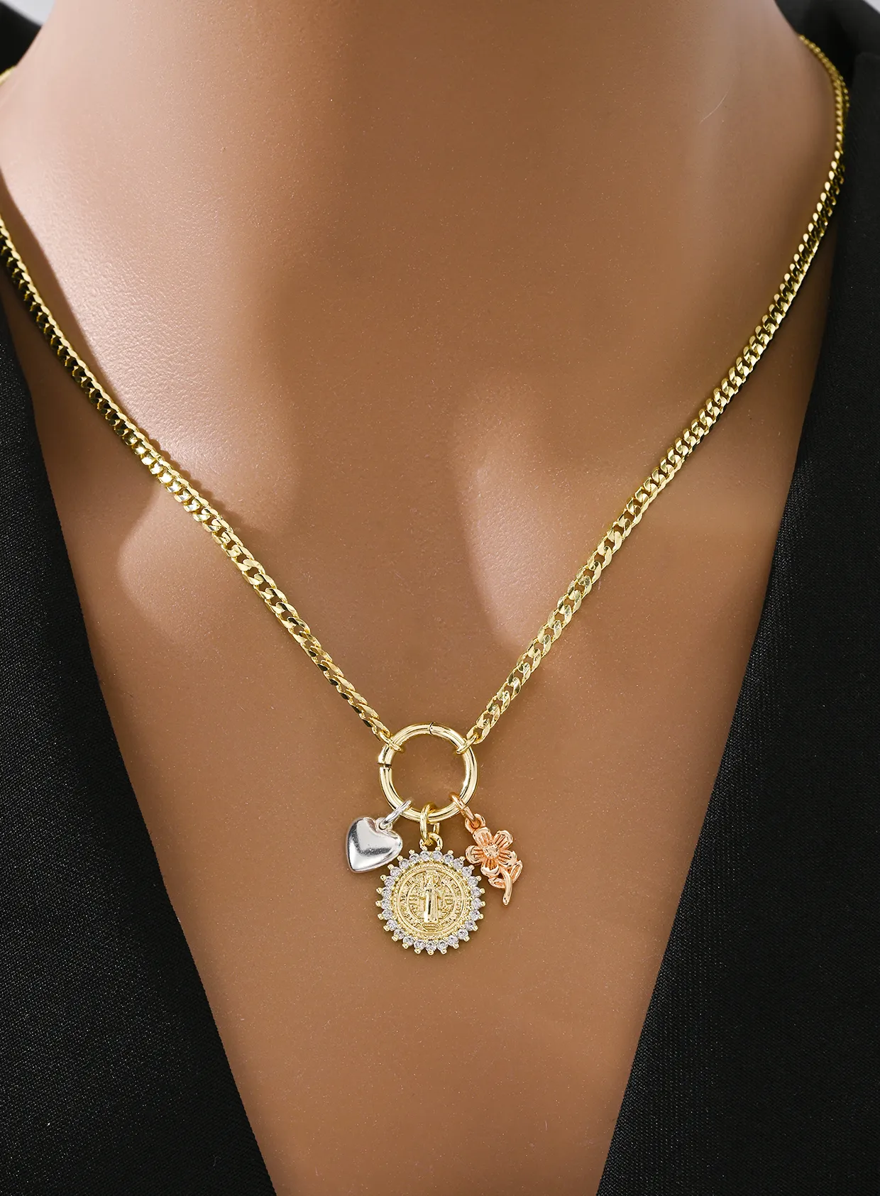 Authentic Luxurious Saint Benedict Necklace With Heart And Flower Pendant Hardware, 14K Gold- Plated, Catholic Jewelry