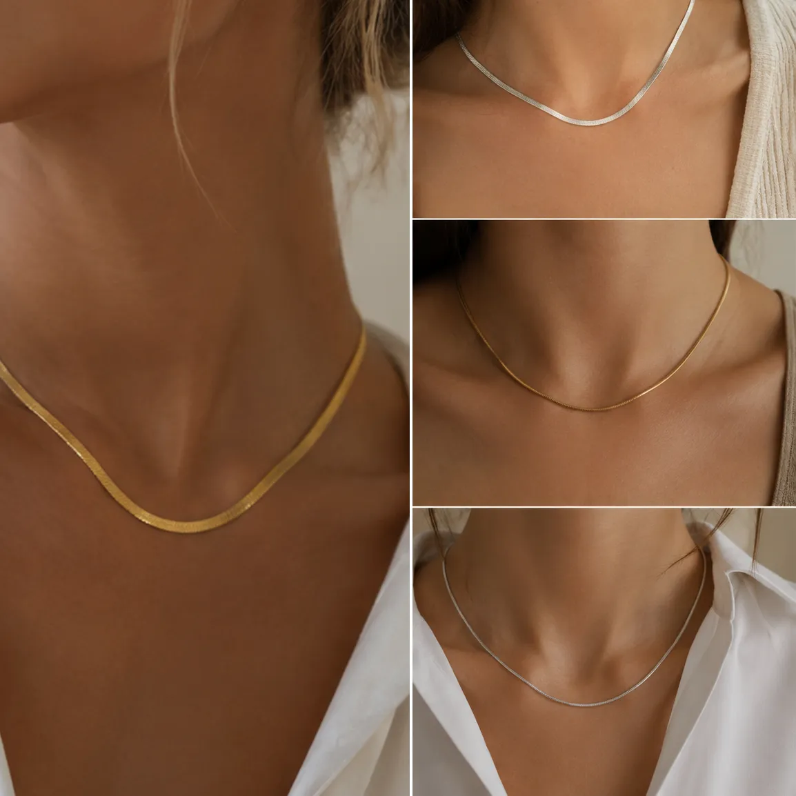 Authentic Plain Necklace Chains No Pendant Gold Color Snake Herringbone Paperclip Thin Link Chains Jewelry