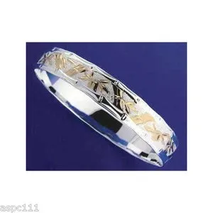 Authentic SILVER 925 HAWAIIAN BANGLE BRACELET BAMBOO YELLOW GOLD PLATED 18MM 2 TONE