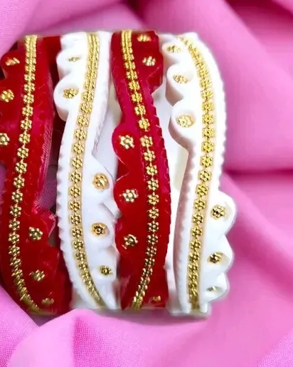 Authentic Acrylic Gold Plated Shakha Pola Red White Plastic Curve Bangle For Women Casual