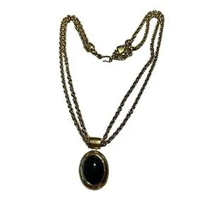 Authentic Vintage Monet Necklace 2 Strand 22K Gold Plated Black Acrylic Cabochon Estate
