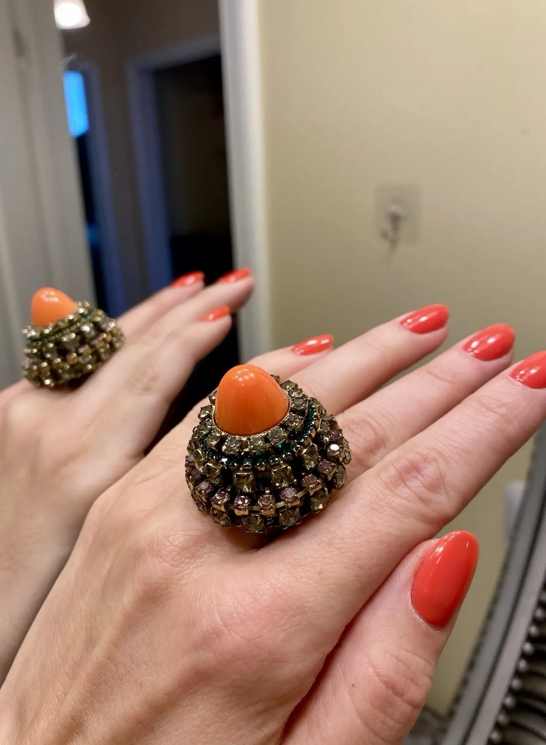 Authentic Anton Heunis Coral Dome Ring Gold Plated Brass Acrylic CZ Adjustable size 7-9