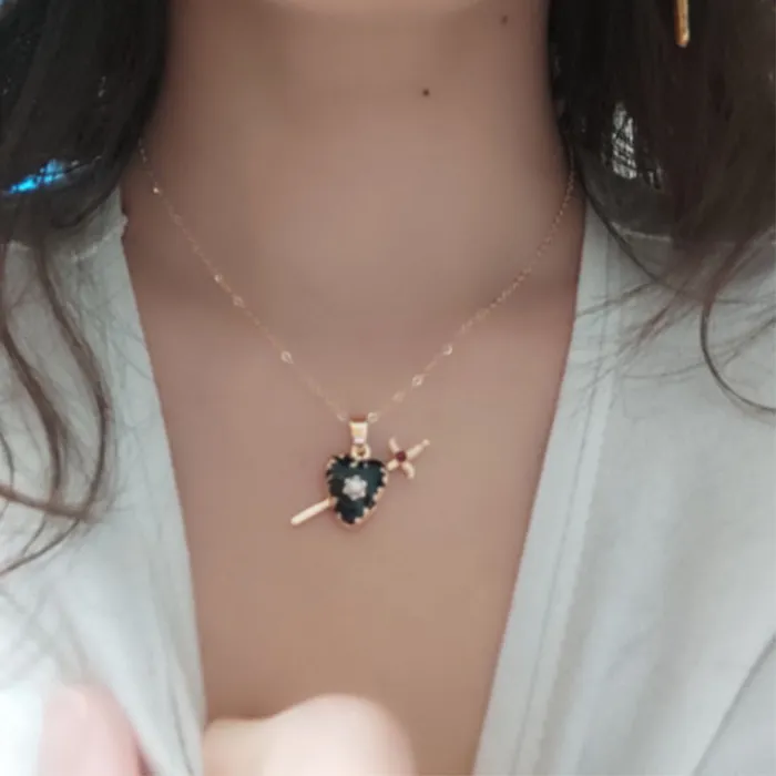 Authentic Gothic Gold Color Plating Sword Go Through Black Enamel Heart Charm Delicate Necklace For Women Girl Lovely Chic Unique Jewelry