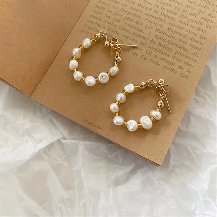 Authentic Korean Baroque Pearl Hoop Earrings Gold Color Acrylic Beads Circle Charms Hoops Women Earrings Vintage Party Jewelry
