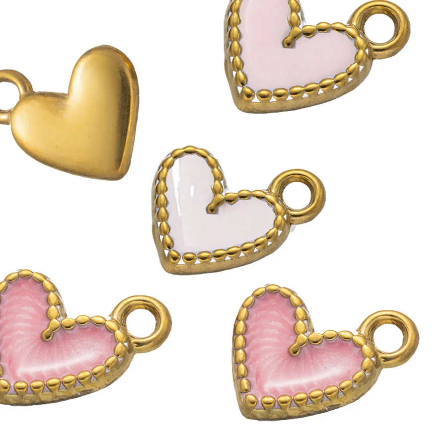 Authentic 5pcs Gold Stainless Steel Pink Heart Enamel Charms Dangle Pendant for DIY Bracelet Necklace Earrings Supplies Jewelry Making