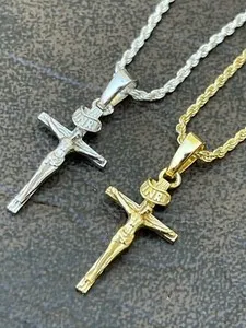 Authentic Small 0.75" 925 Silver Plain Gold Plated Cross Jesus Crucifix Pendant Necklace