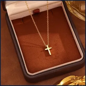 Authentic 18K PVD Gold Plated Stainless Steel Cross Necklace Women Religious Pendant