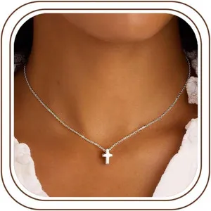 Authentic Cross Necklace for Women Girls, Dainty 14K Gold Plated Cross Pendant Necklace Si