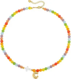 Authentic Beaded Initial Necklace for Women,14K Gold Plated Letter Cross | Colorful Bead L