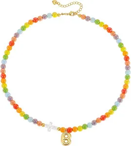 Authentic Beaded Initial Necklace for Women,14K Gold Plated Letter Cross | Colorful Bead L