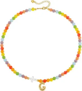 Authentic Beaded Initial Necklace for Women,14K Gold Plated Letter Cross | Colorful Bead L