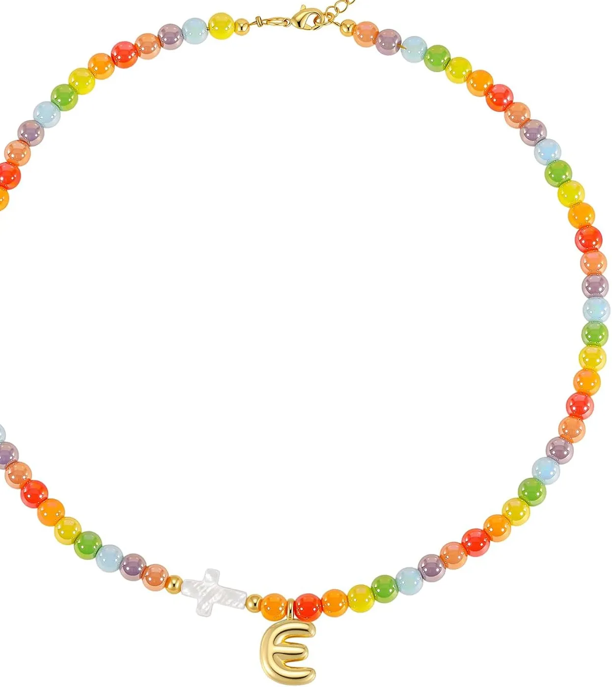 Authentic Beaded Initial Necklace for Women,14K Gold Plated Letter Cross | Colorful Bead L