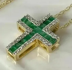 Authentic 2Ct Princess Cut Simulated Green Emerald Cross Pendant 14K Yellow Gold Plated