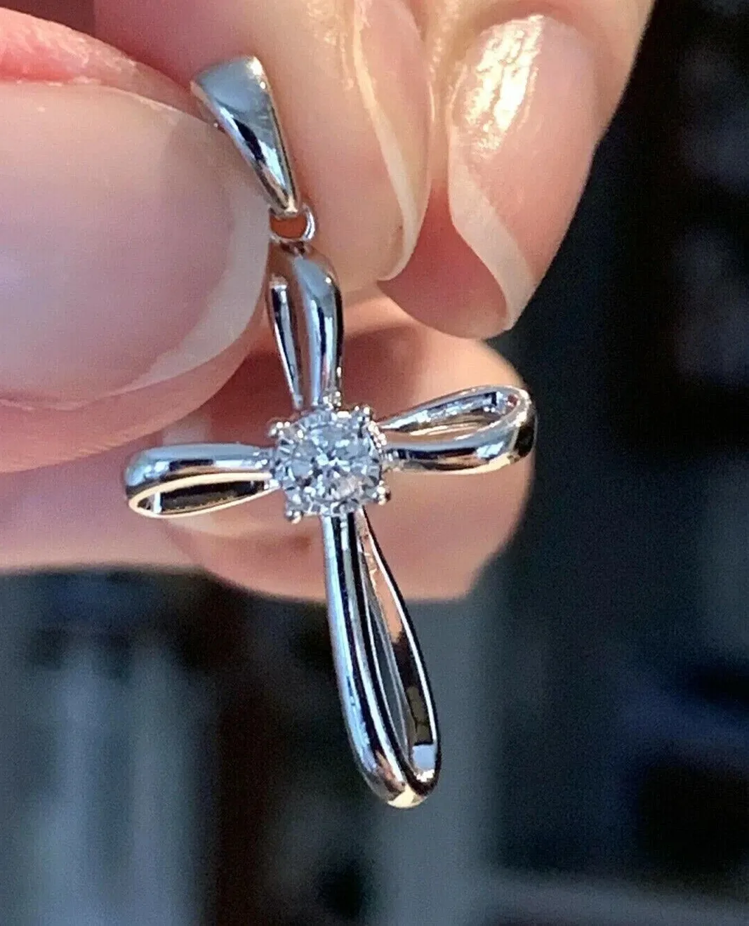 Authentic 1Ct Round Cut Lab-Created Diamond Cross Charm Pendant 14K White Gold Plated