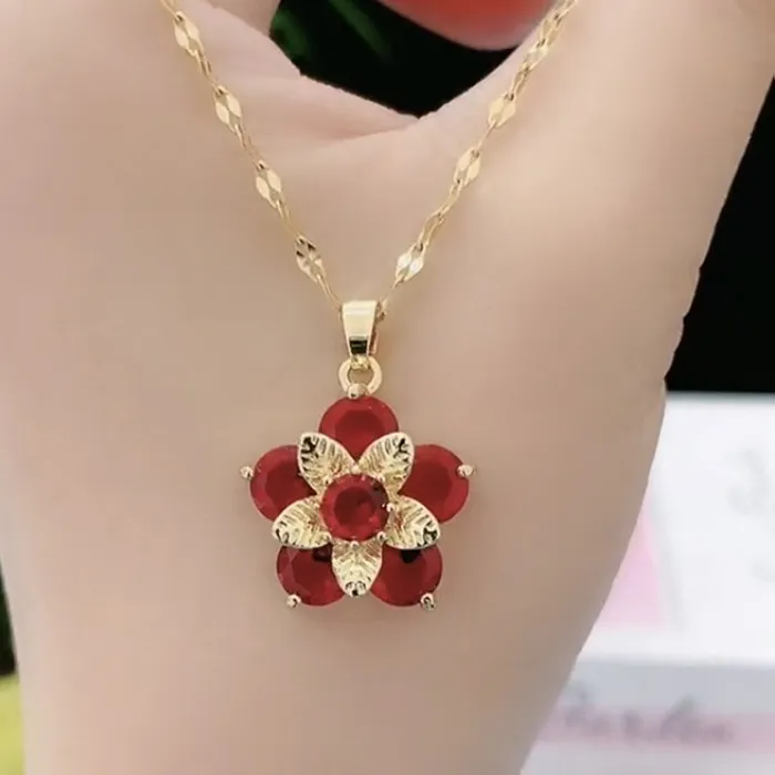 Authentic Light Cherry Blossom Peach Blossom Necklace European And American Red Zircon Flower Pendant
