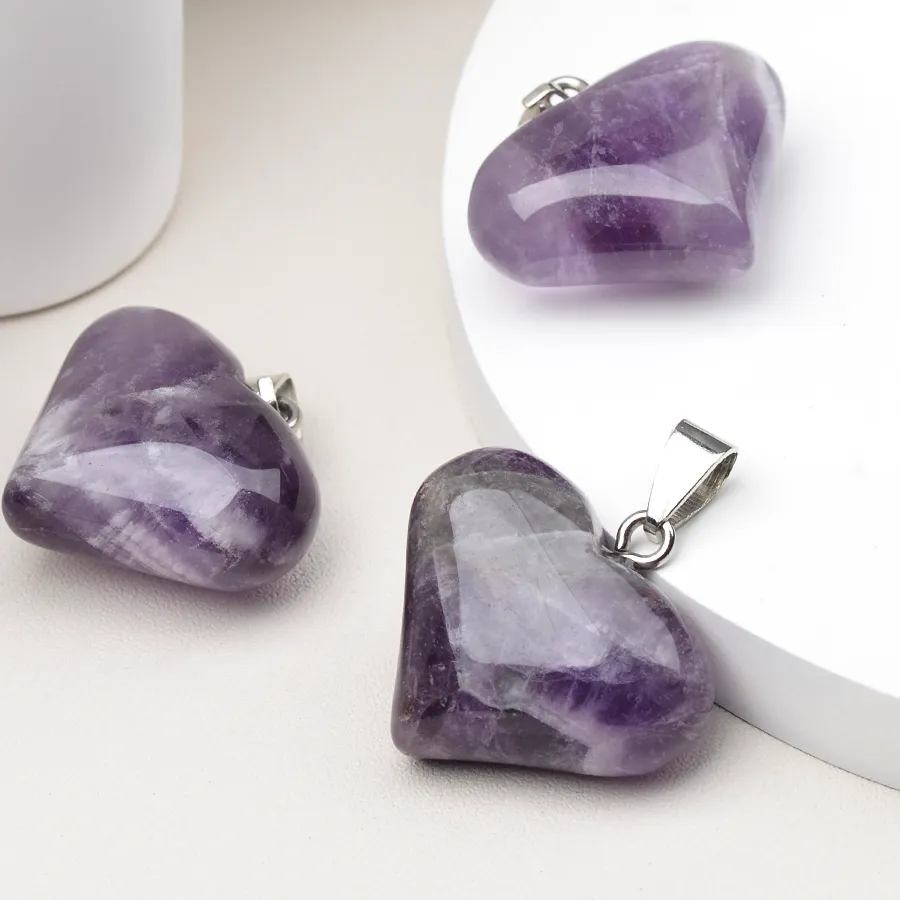 Authentic Semi- Precious Gemstone Love Heart Shaped Natural Stone Pendants Tiger Eye Amethyst Agate Diy Necklace Jewelry