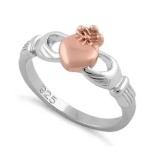 Authentic Sterling Silver Two Tone 14k Rose Gold Plated Claddagh Ring Size 6