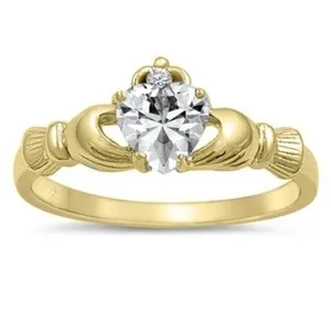 Authentic Claddagh Ring Yellow Gold Plated Sterling Silver 925 Clear CZ 9 mm Sizes 3 - 13