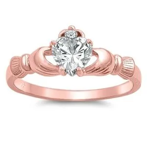 Authentic Claddagh White CZ Heart Ring Sterling Silver Rose Gold Plated Band Sizes 4-12