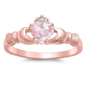 Authentic 925 Silver 14K Rose Gold Plated Simulated Pink CZ Heart Claddagh Ring 9MM