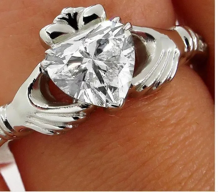 Authentic 2Ct Heart Cut Lab Created Diamond Solitaire Claddagh Ring 14K White Gold Plated
